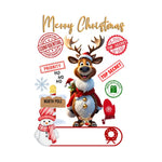 Cartoon reindeer in Santa hat with North Pole sign, Christmas elements, top secret stamps