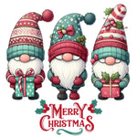 Three cute Christmas gnomes in winter hats holding gifts with Merry Christmas text
