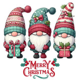 Three cute Christmas gnomes in winter hats holding gifts with Merry Christmas text