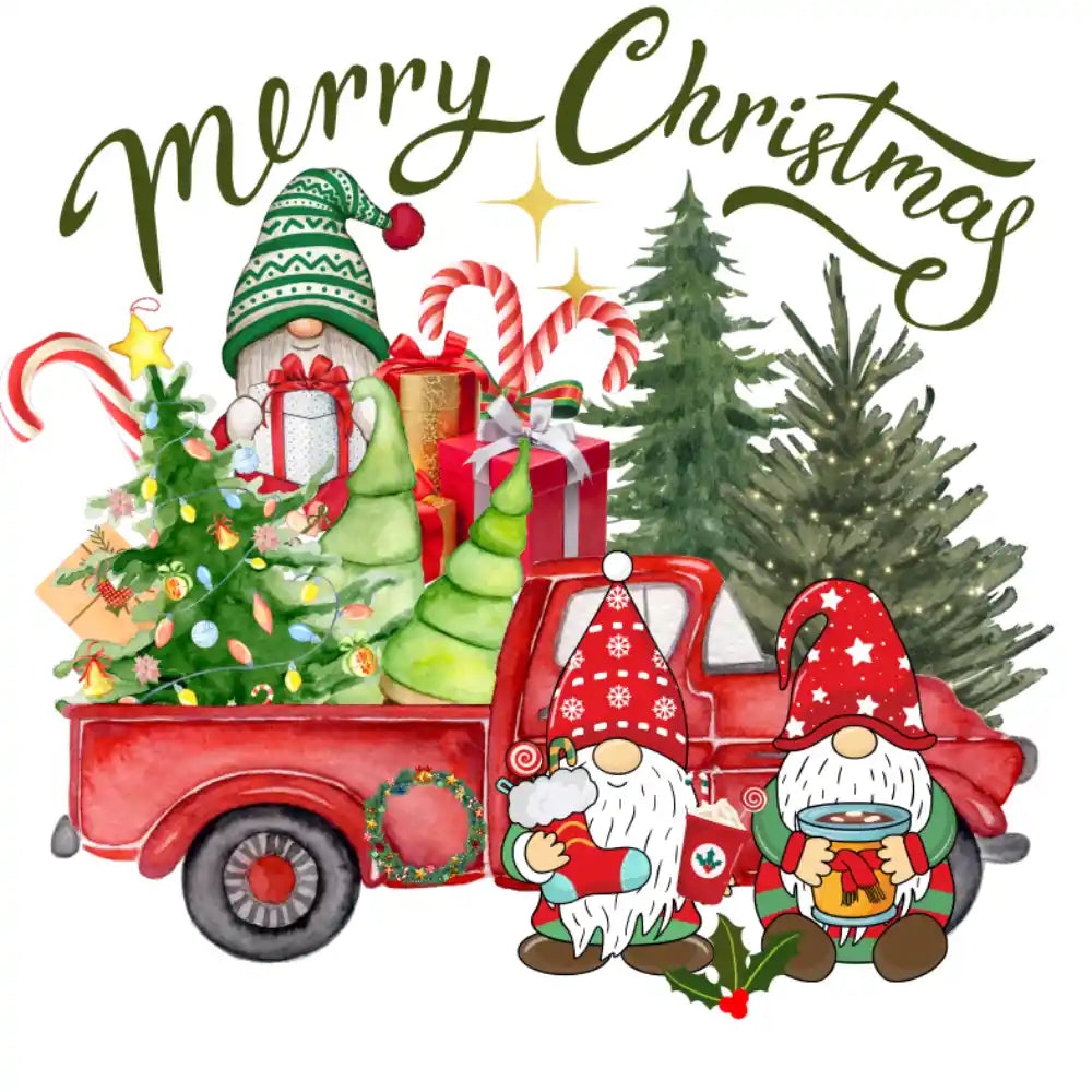 Festive Christmas scene with red vintage truck, gnomes, presents, Christmas trees, and candy canes