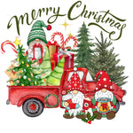 Festive Christmas scene with red vintage truck, gnomes, presents, Christmas trees, and candy canes
