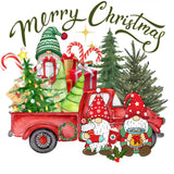 Festive Christmas scene with red vintage truck, gnomes, presents, Christmas trees, and candy canes