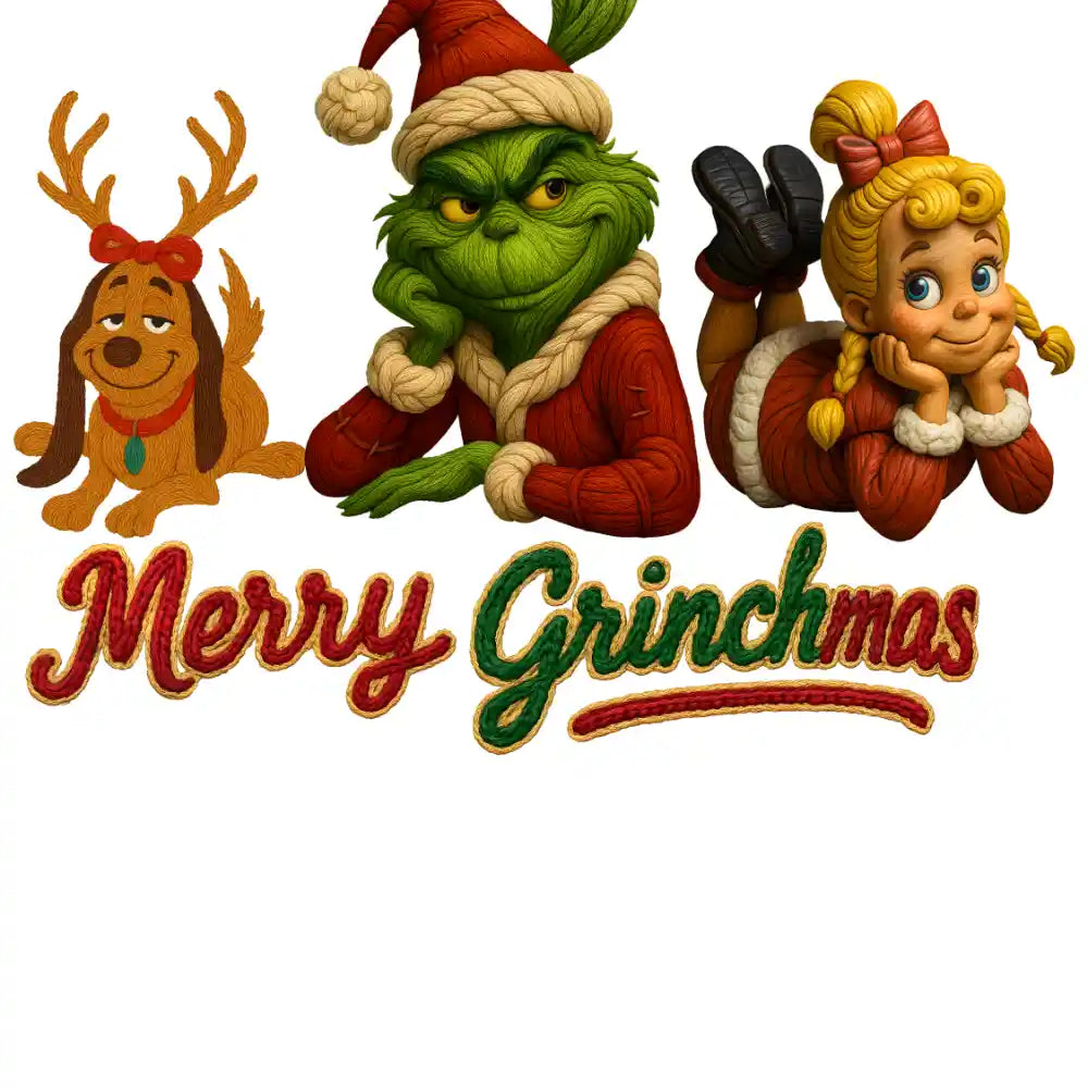 Cartoon Grinch, dog with antlers, and Cindy Lou Who in Christmas outfits with 'Merry Grinchmas' text