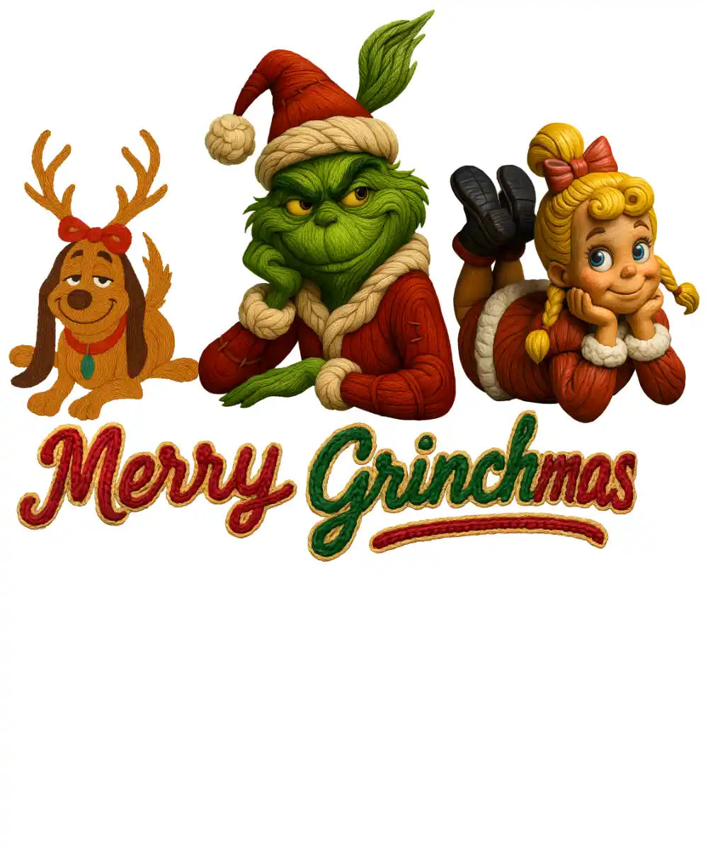 Cartoon Grinch, dog with antlers, and Cindy Lou Who in Christmas outfits with 'Merry Grinchmas' text