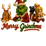 Cartoon Grinch, dog with antlers, and Cindy Lou Who in Christmas outfits with 'Merry Grinchmas' text