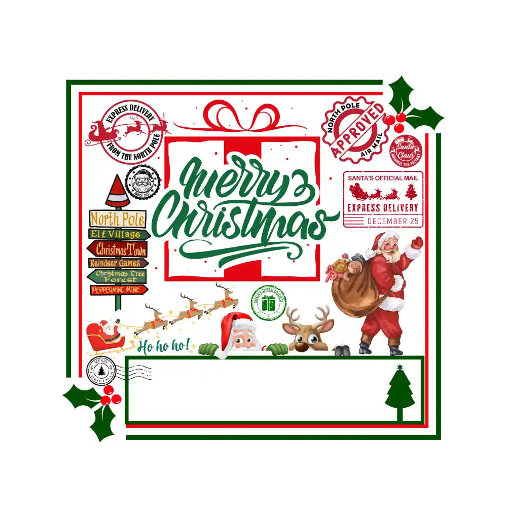 Festive Christmas design with Santa, reindeer, gift box, and North Pole directional signs