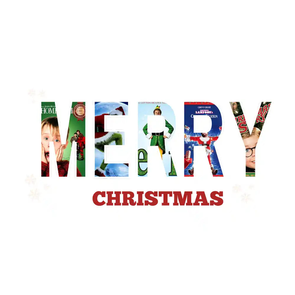 Merry Christmas text made of holiday movie poster images including Home Alone and Elf