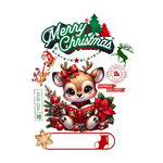 Adorable cartoon deer reading book surrounded by Christmas decorations, pine cones, and gifts