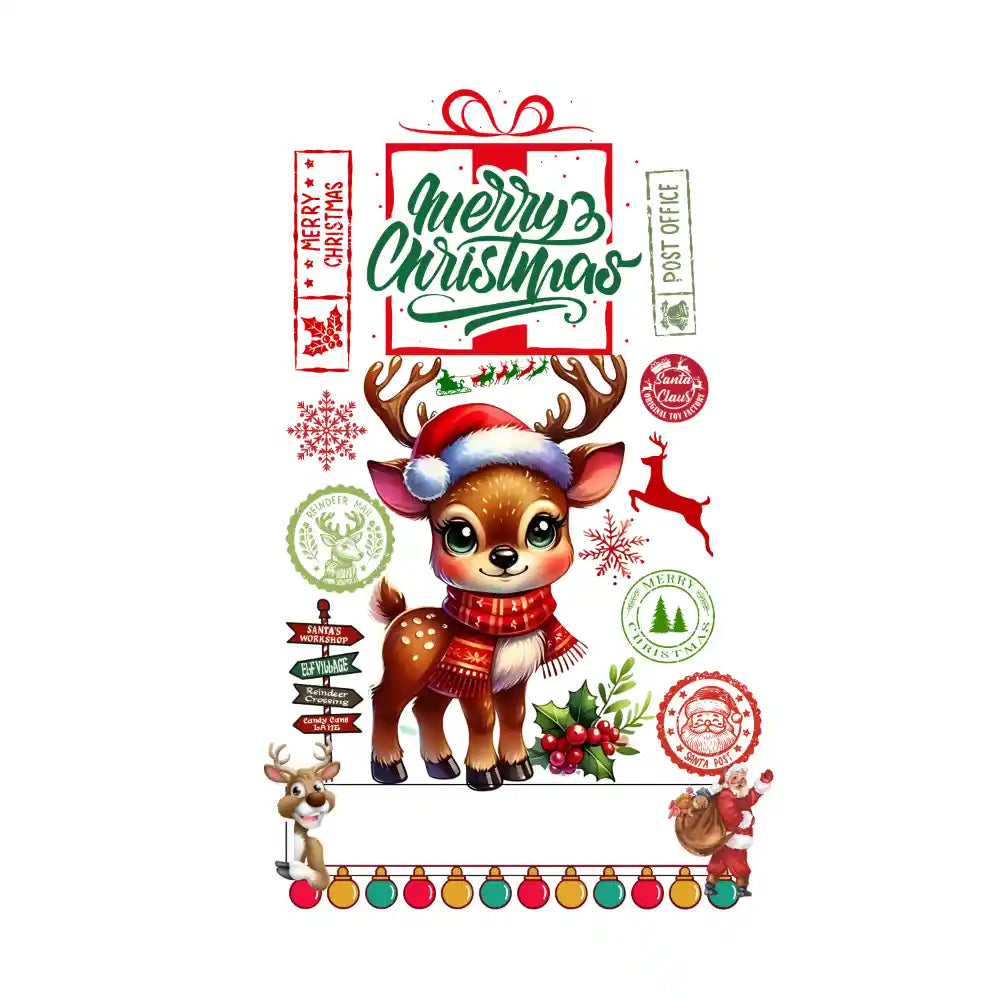 Adorable cartoon reindeer in Santa hat and red scarf with Christmas design elements and festive stamps