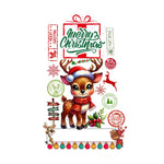 Adorable cartoon reindeer in Santa hat and red scarf with Christmas design elements and festive stamps