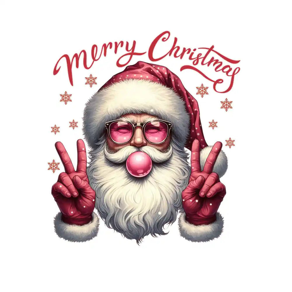 Festive Santa Claus with pink sunglasses, peace signs, and Merry Christmas text with snowflakes