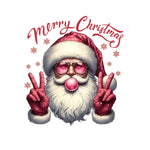 Festive Santa Claus with pink sunglasses, peace signs, and Merry Christmas text with snowflakes