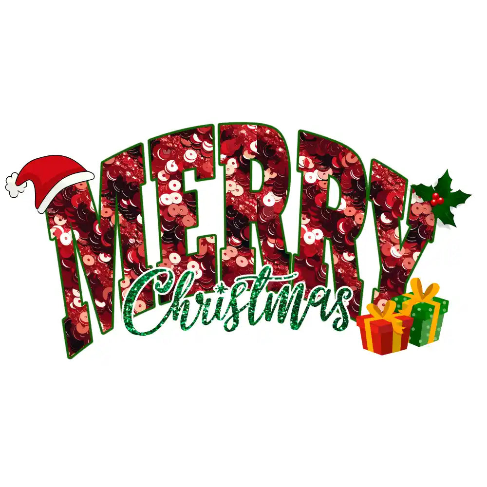 Merry Christmas text in red sequin letters with Santa hat, holly, and gift boxes