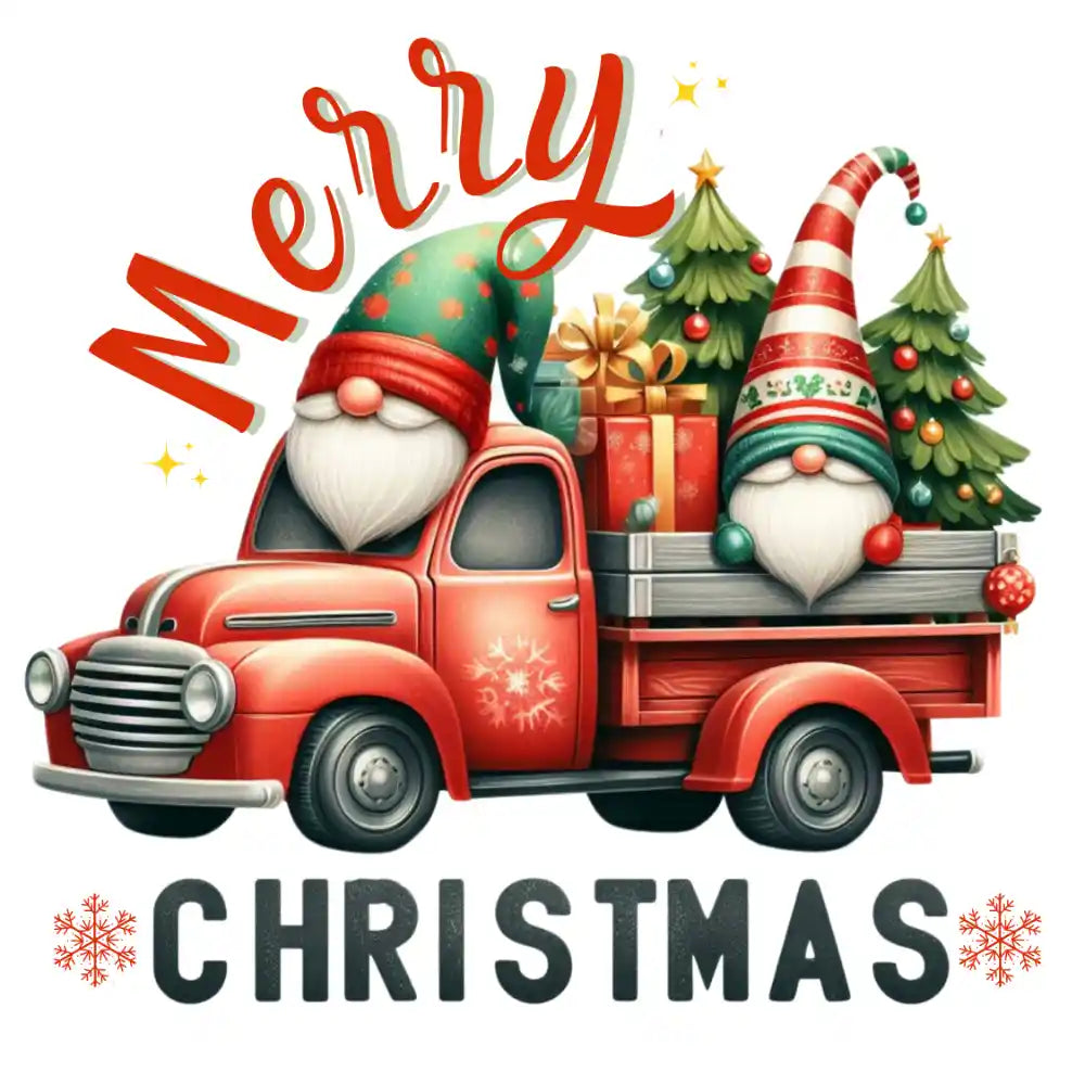 Red vintage truck with Christmas gnomes, presents, and trees holiday design