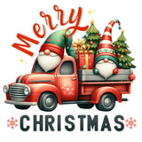Red vintage truck with Christmas gnomes, presents, and trees holiday design