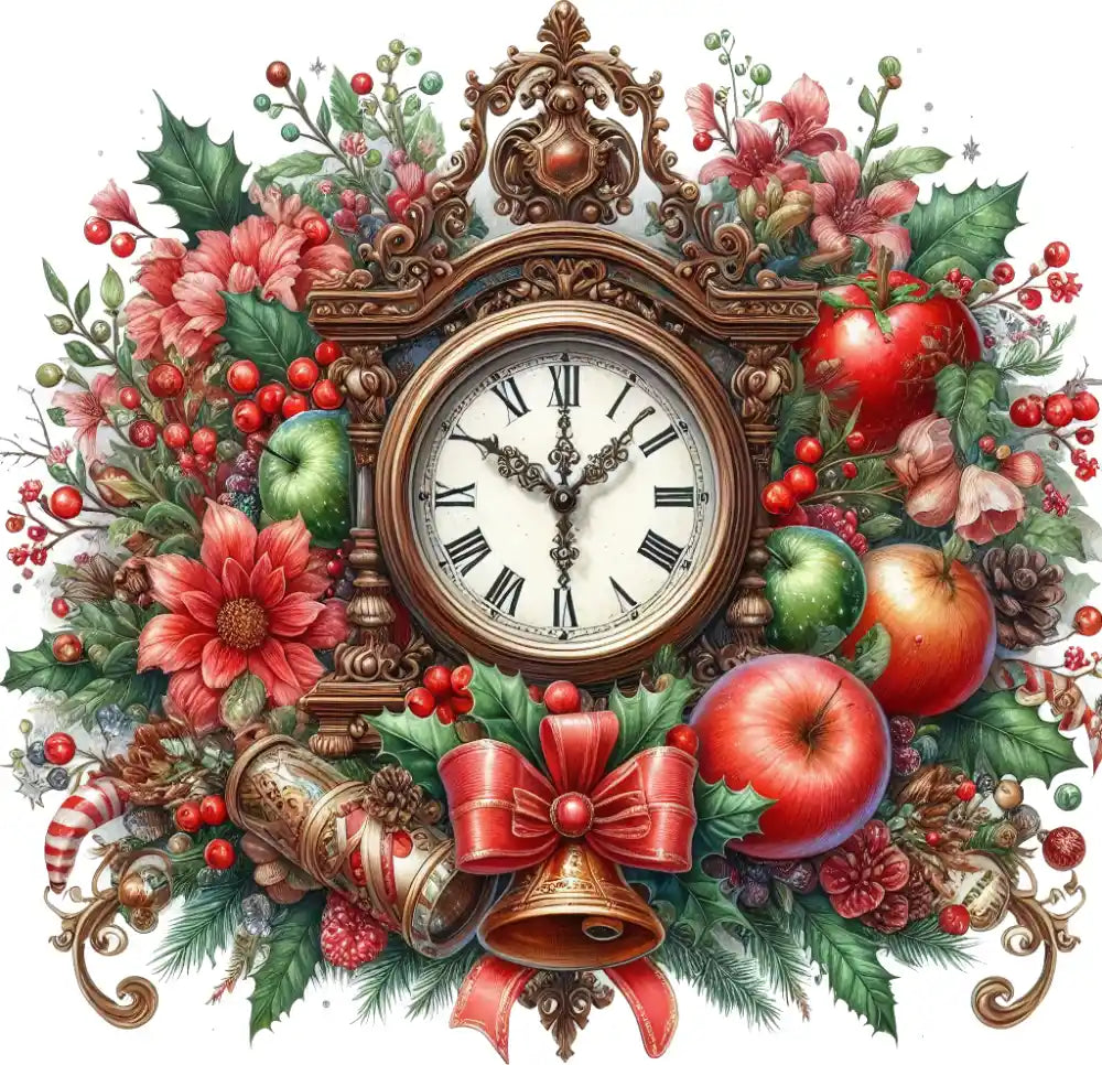 Ornate vintage clock surrounded by red apples, holly leaves, red berries, and holiday flowers