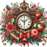 Ornate vintage clock surrounded by red apples, holly leaves, red berries, and holiday flowers