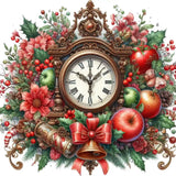 Ornate vintage clock surrounded by red apples, holly leaves, red berries, and holiday flowers