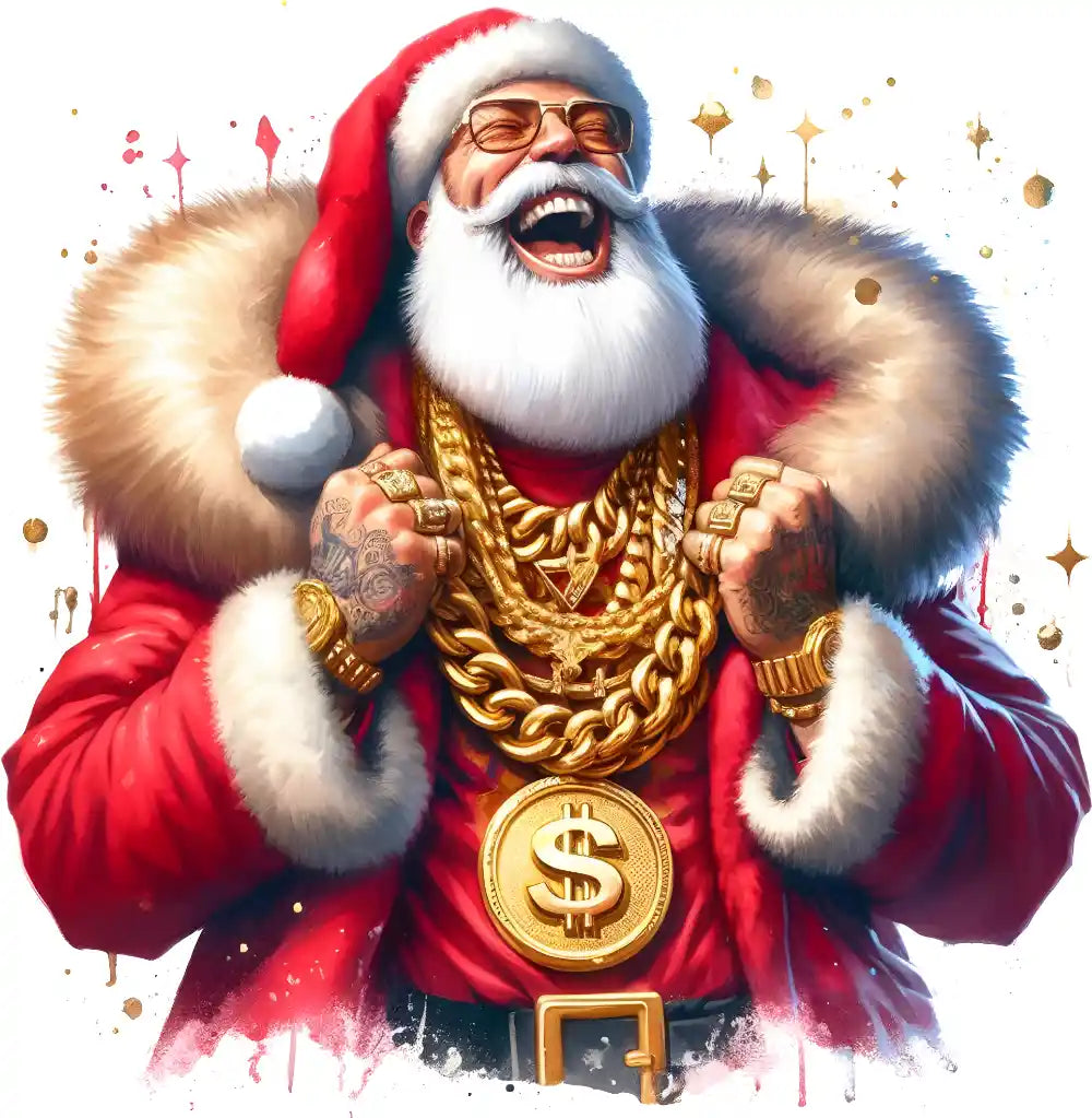 Festive Santa Claus in red suit wearing gold chains and dollar sign pendant, laughing with sunglasses