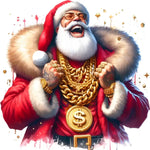Festive Santa Claus in red suit wearing gold chains and dollar sign pendant, laughing with sunglasses