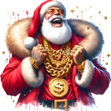 Festive Santa Claus in red suit wearing gold chains and dollar sign pendant, laughing with sunglasses