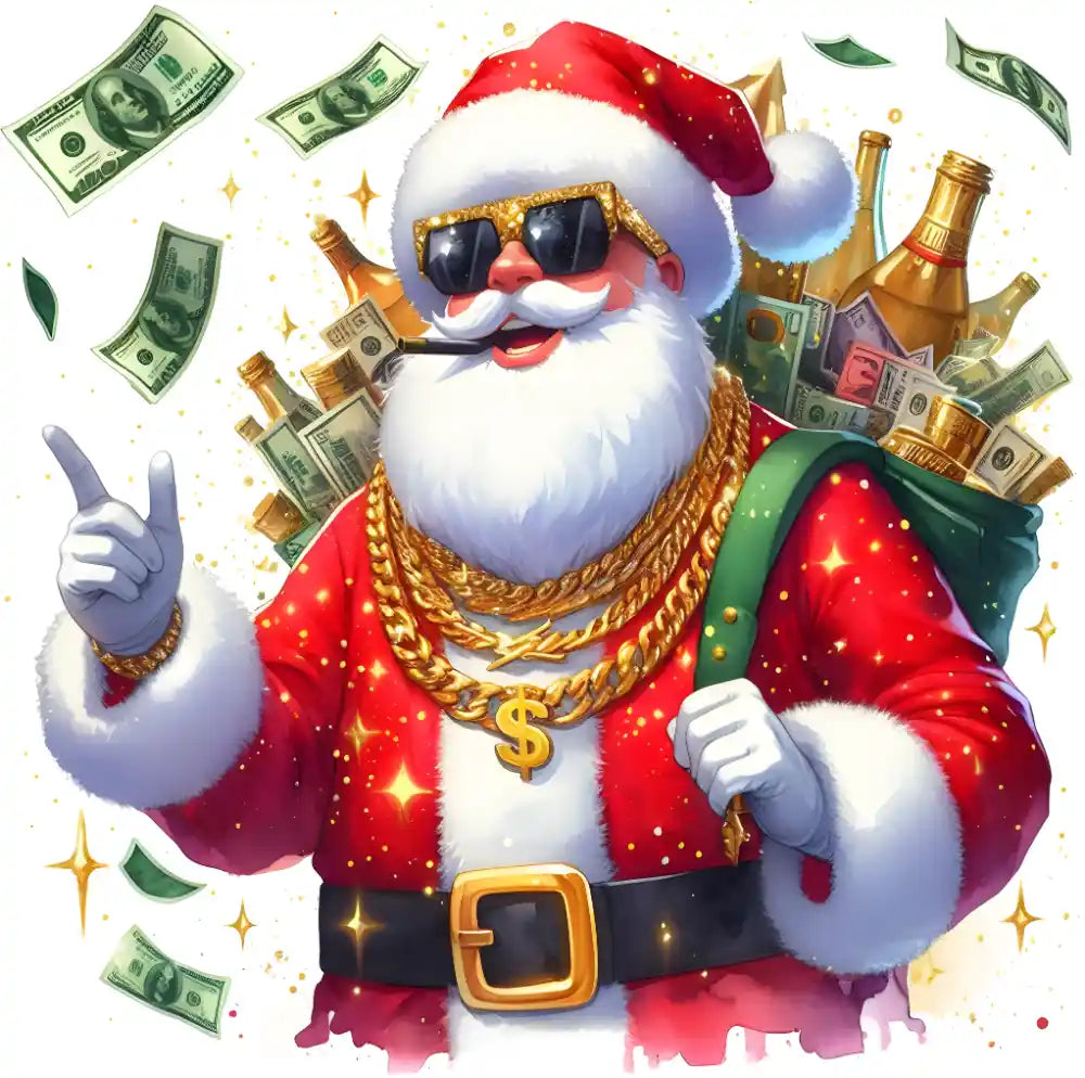 Festive Santa Claus wearing gold sunglasses, red suit, gold chains, surrounded by money and champagne bottles