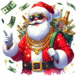 Festive Santa Claus wearing gold sunglasses, red suit, gold chains, surrounded by money and champagne bottles