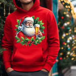 Red hoodie with Santa Claus holding beer glass surrounded by holly leaves and Christmas ornaments