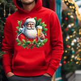 Red hoodie with Santa Claus holding beer glass surrounded by holly leaves and Christmas ornaments