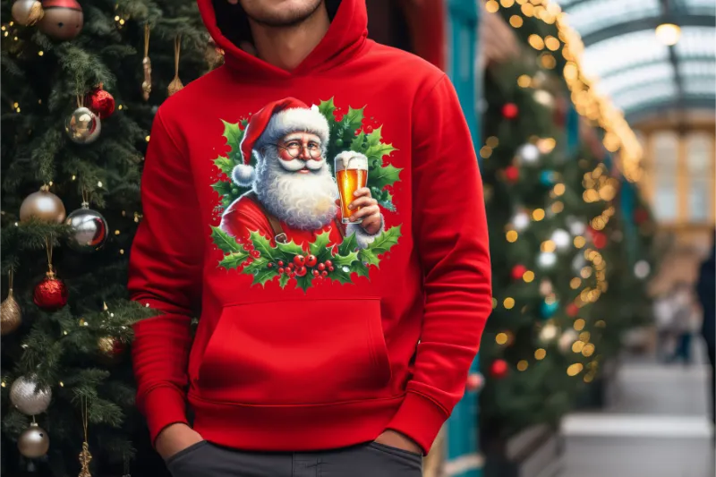 Red hoodie with Santa Claus holding beer glass surrounded by holly leaves and Christmas ornaments
