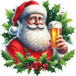 Festive Santa Claus in red hat holding golden beer with holly leaves background