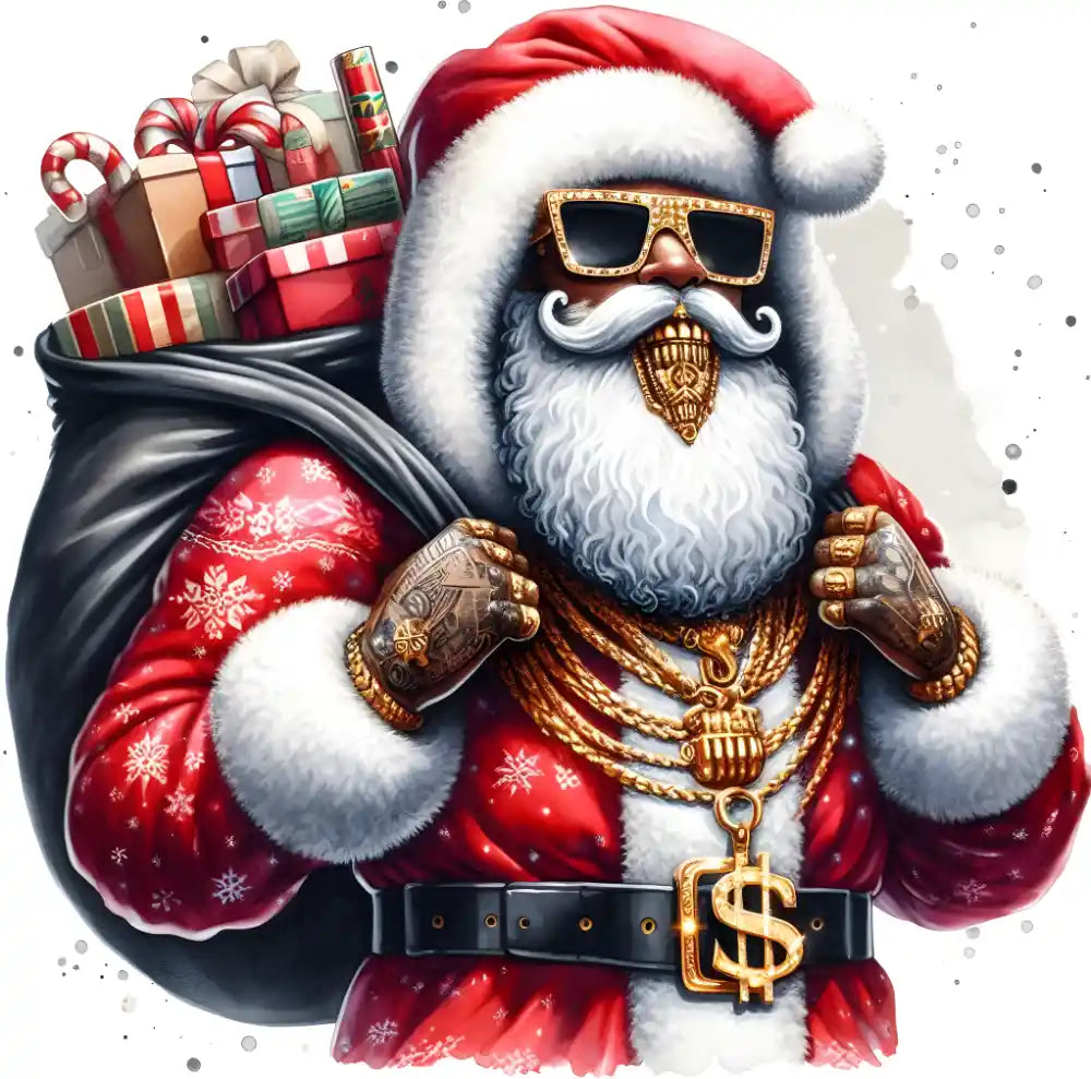 Stylish Santa Claus with gold sunglasses, gold jewelry, and gift sack wearing red winter outfit