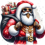 Stylish Santa Claus with gold sunglasses, gold jewelry, and gift sack wearing red winter outfit
