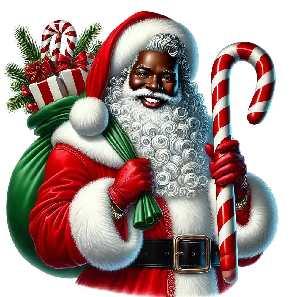 Festive Santa Claus in red suit holding candy cane with green gift bag and holiday decorations