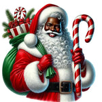 Festive Santa Claus in red suit holding candy cane with green gift bag and holiday decorations