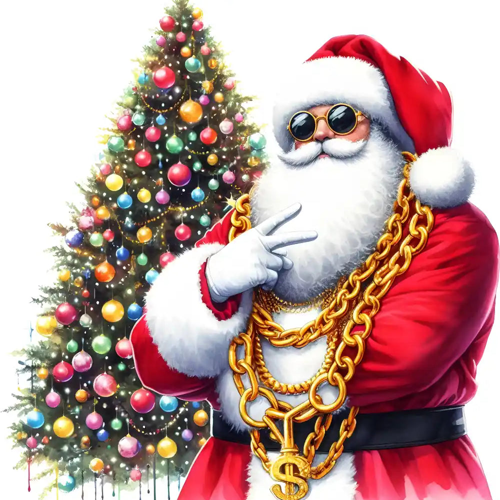 Festive Santa Claus in red suit with gold chains, sunglasses, standing next to colorful Christmas tree