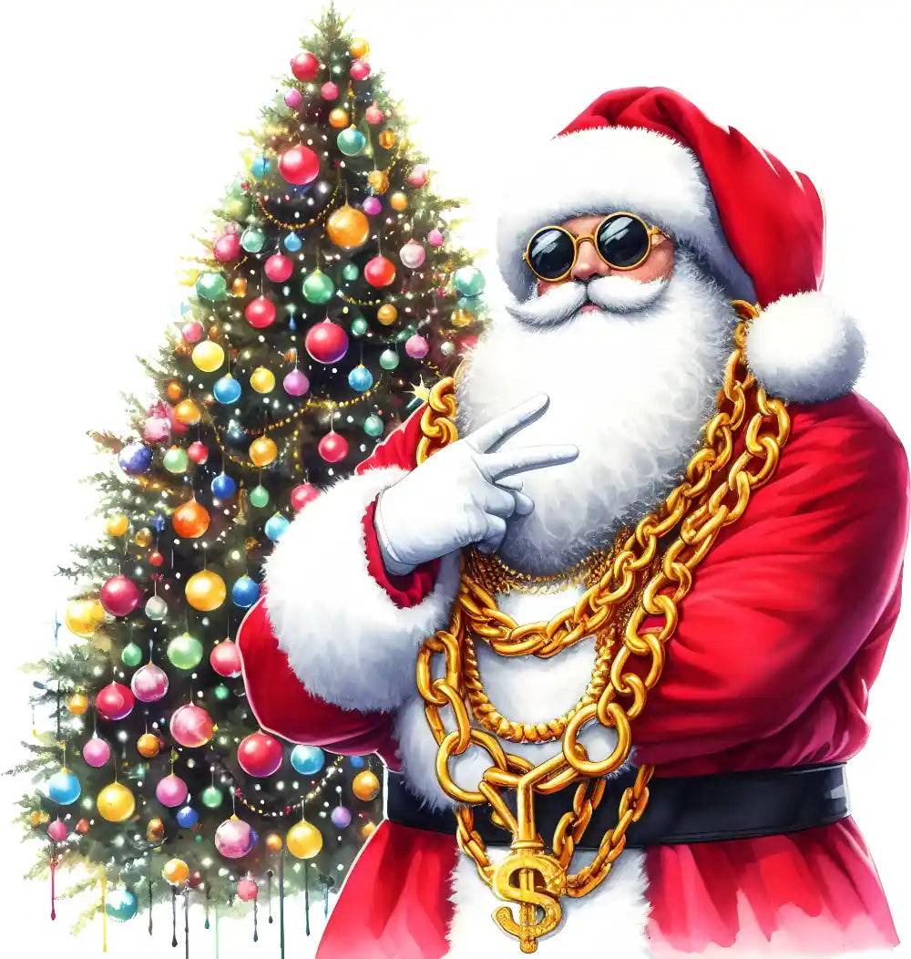 Festive Santa Claus in red suit with gold chains, sunglasses, standing next to colorful Christmas tree
