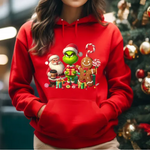 Red hoodie with Christmas characters featuring Grinch, Santa, and gingerbread man printed design