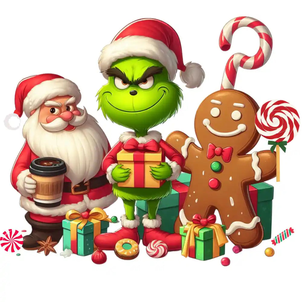 Cartoon Christmas characters including Santa, Grinch, gingerbread man with gifts and candy canes