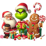Cartoon Christmas characters including Santa, Grinch, gingerbread man with gifts and candy canes