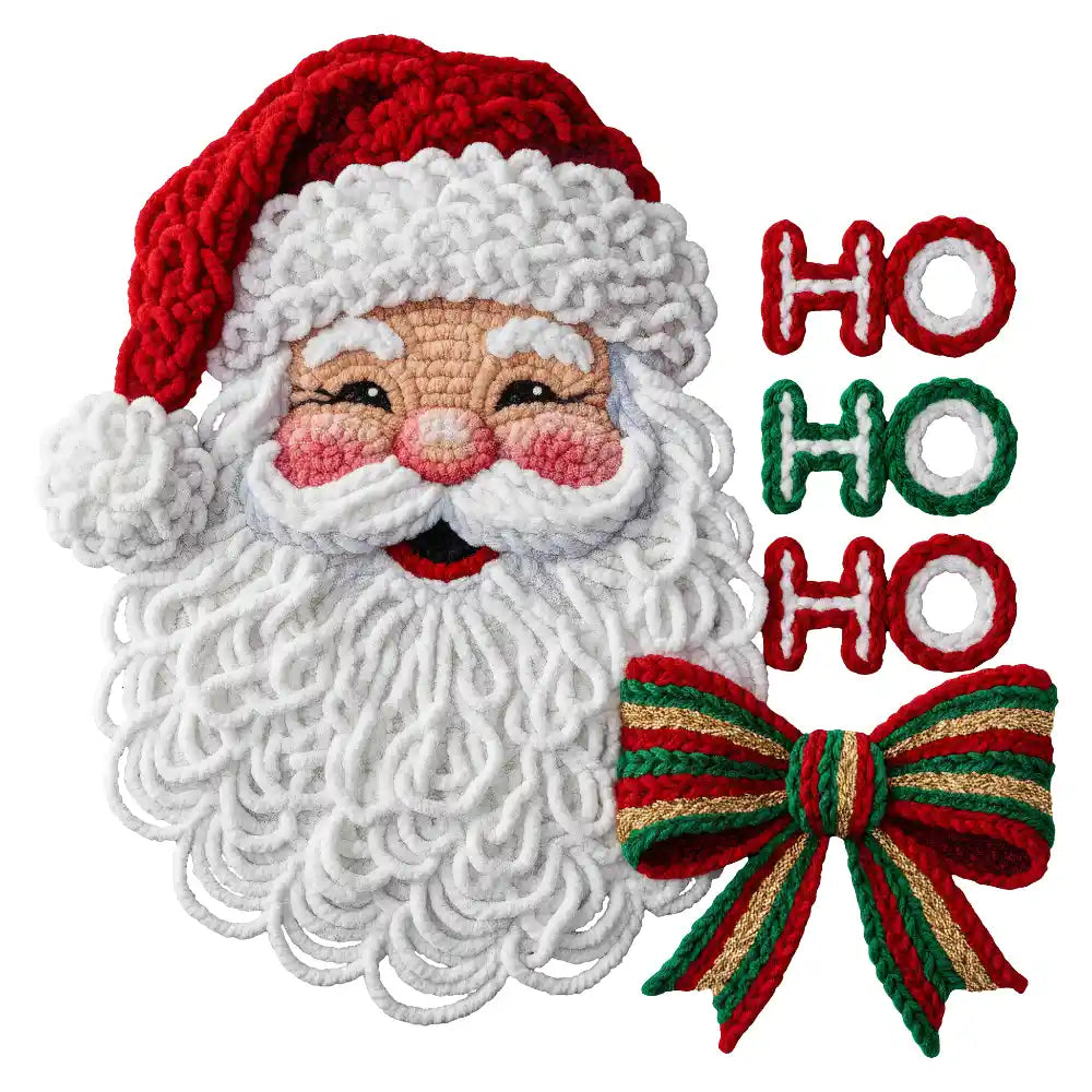 Crocheted Santa Claus face with white beard, red hat, and HO HO HO text with festive bow