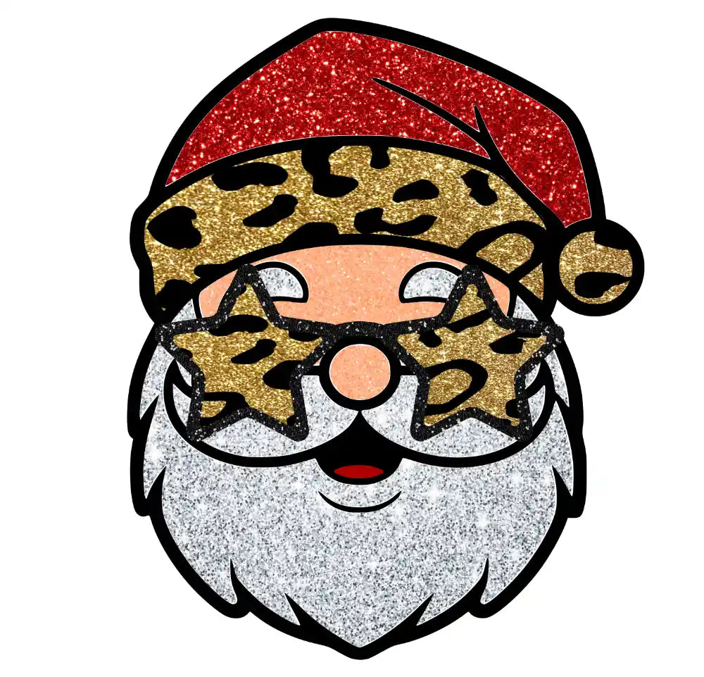 Sparkly Santa Claus face with red glitter hat and leopard print glasses, silver beard