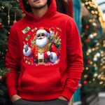 Red hoodie with festive santa design surrounded by money bills christmas tree background