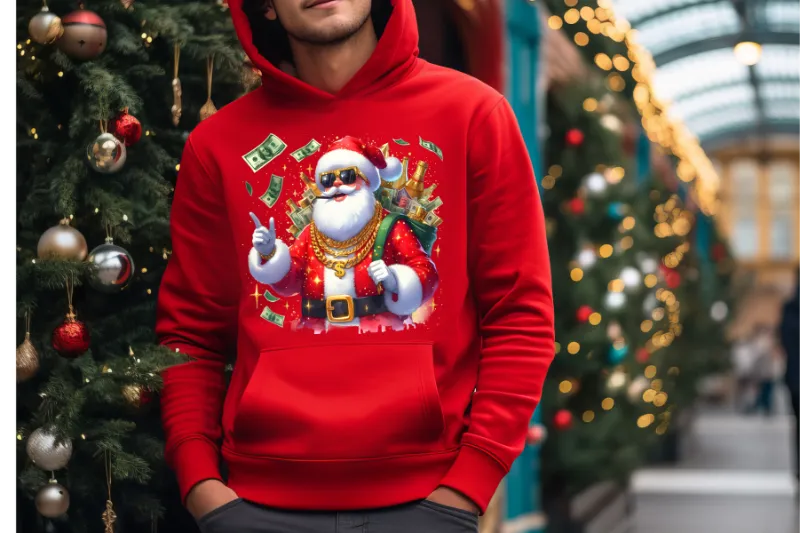 Red hoodie with festive santa design surrounded by money bills christmas tree background