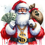 Wealthy Santa Claus in red suit holding cash and money bag with gold dollar chain
