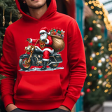 Red hoodie with Santa Claus riding motorcycle, carrying gifts, Christmas tree and lights in background