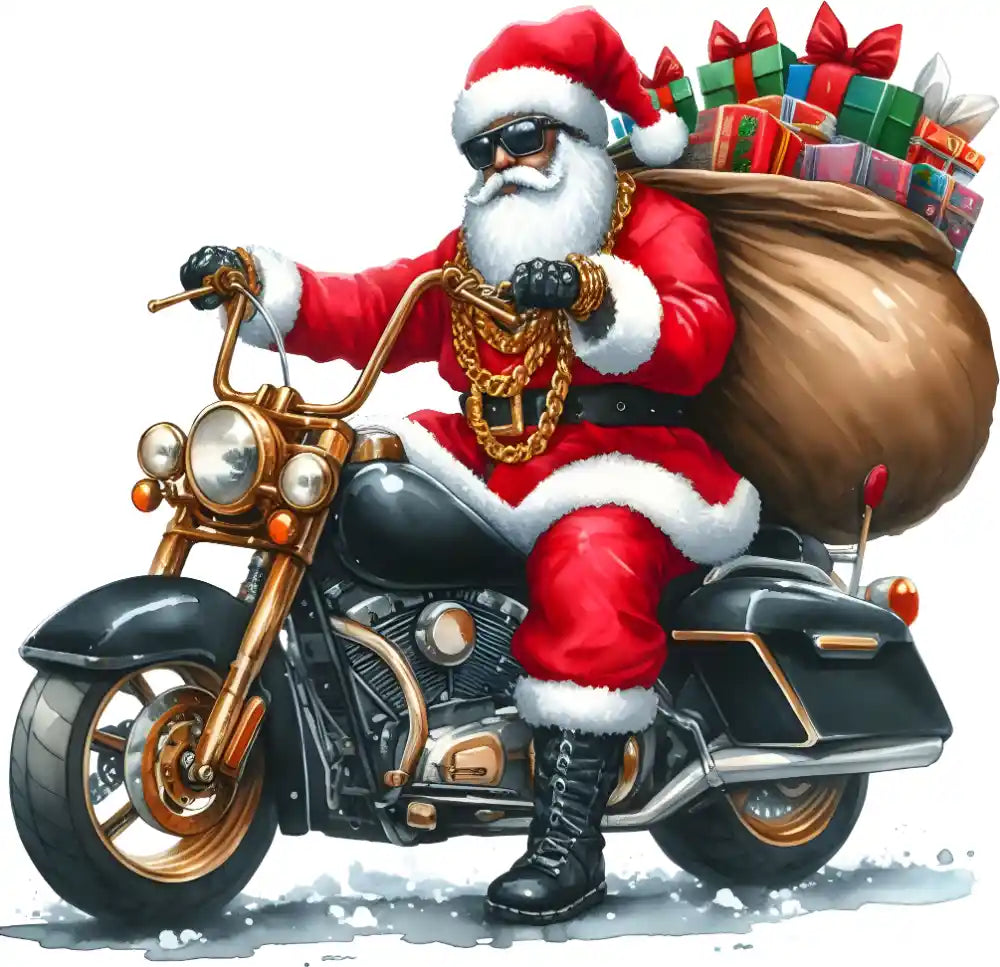 Santa Claus in red suit riding motorcycle with gifts, wearing sunglasses and gold chains