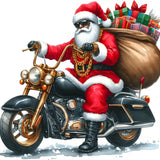 Santa Claus in red suit riding motorcycle with gifts, wearing sunglasses and gold chains