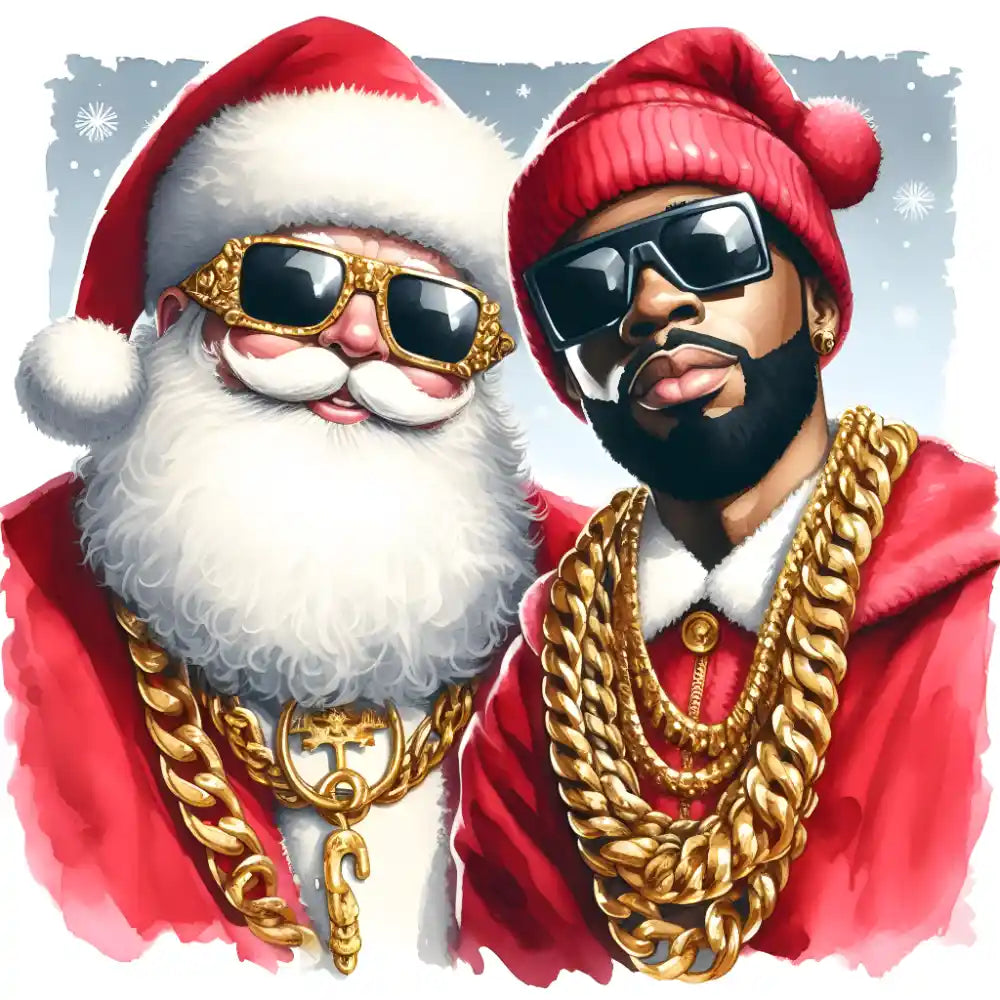 Santa Claus and rapper in red with gold sunglasses and chains, snowflake background