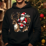 Black hoodie with festive Santa and reindeer DTF print, Christmas tree in background